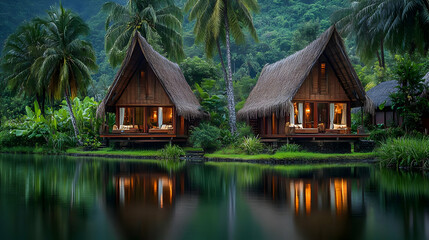 Obraz premium Thatched Roof Cabins Reflecting on Tropical Green Lake Serene Vacation Landscape with Wood Texture Building Exterior in Peaceful Idyllic Nature