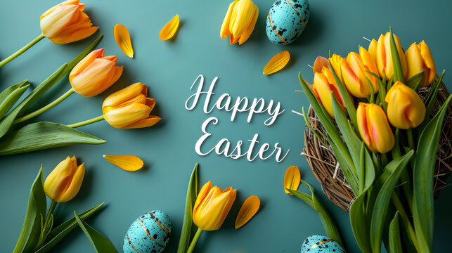 Festive flat lay with yellow tulips, blue speckled eggs, and "Happy Easter" text on a teal background. Happy Easter Greeting with Yellow Tulips and Speckled Eggs