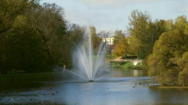 Beautiful, Large Fountain in a City Park Pond or Canal. Lots of Ducks. Autumn. Valmiera is One of the Oldest Cities in Latvia, Having Been a Member of the Hanseatic League.