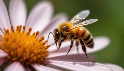 Honeybee Foraging on Pale Pink Daisy, Macro Close-up