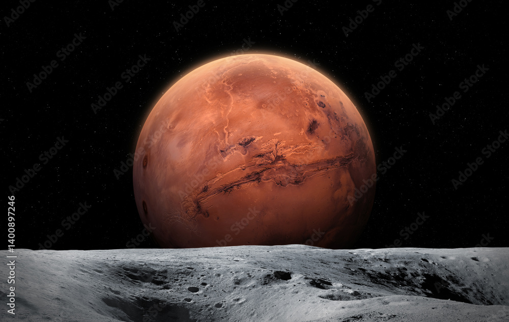 Wall mural moon and mars. moon surface with craters. view of planet mars from the surface of the moon.