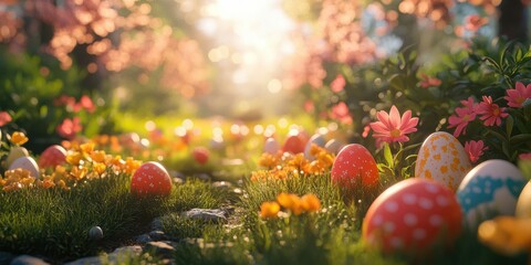 Colorful Easter eggs and flowers in a sunlit garden pathway during springtime