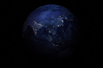 Earth. Eastern hemisphere. Planet Earth At Night. East and South Asia at night viewed from space with city lights. India, China, Japan, North Korea, South Korea. 