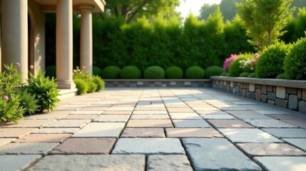 Fototapeta premium Serene Garden Path A sun-drenched patio leads to a meticulously landscaped backyard, showcasing lush greenery, vibrant blooms, and a thoughtfully designed stone retaining wall.