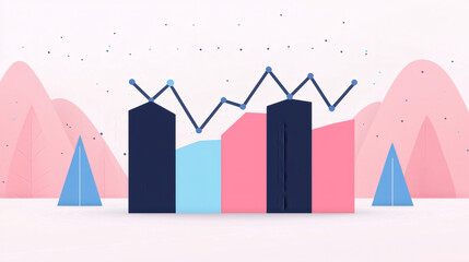 A colorful, abstract representation of data visualization with geometric shapes and a line graph set against a pastel background.
