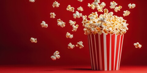 Popcorn bursts into the air from a striped bucket against a vibrant red background, capturing a playful and energetic moment