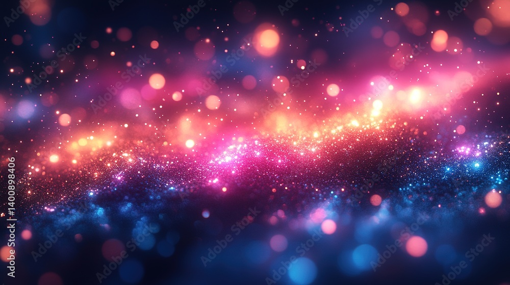 Poster dynamic nebula background with vibrant cosmic dust and blurred bokeh lights