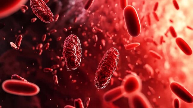 Close-up view of red blood cells and mitochondria in a vibrant, abstract medical background