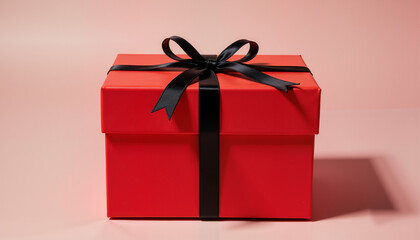 Obraz premium Red Gift Box with Black Ribbon against Soft Pink Background 