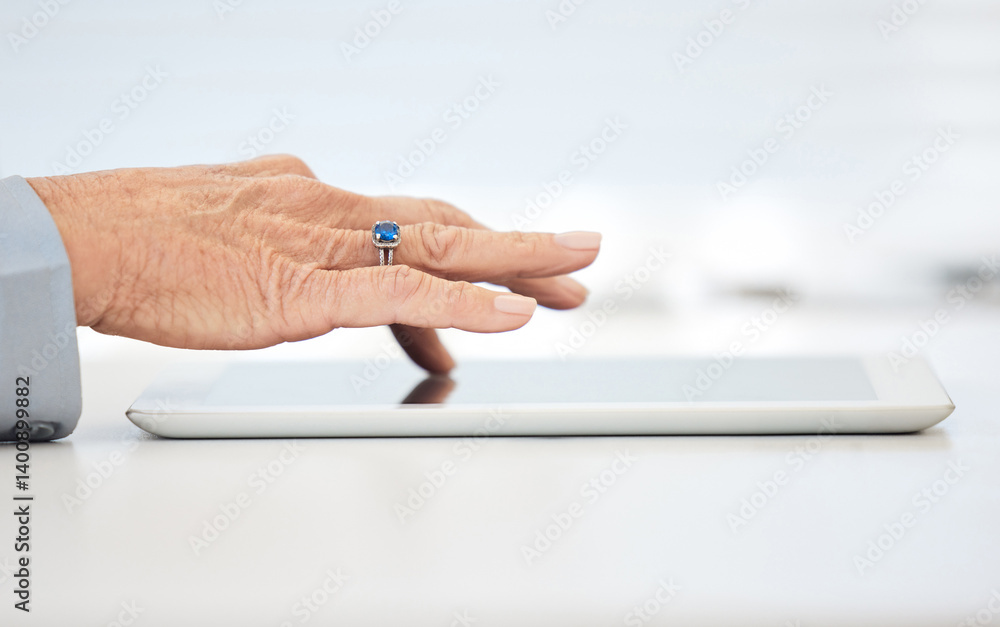 Poster person, manager or hands on tablet for closeup of networking on email or online research project in 