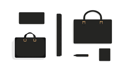 Black Leather Briefcase and Stationery Set on White Background