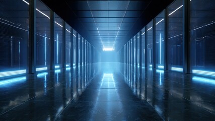 Modern blue hallway with glossy tiles and futuristic architectural style.
