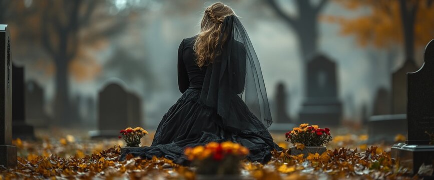 Contemplative woman in black dress kneeling at a grave in a misty cemetery