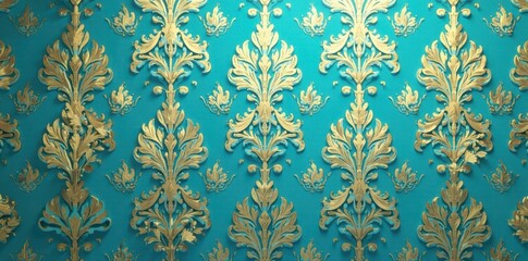 Fototapeta premium Golden turquoise damask wallpaper featuring repeating geometric patterns in a refined elegant style, classic damask, gold damask, turquoise damask