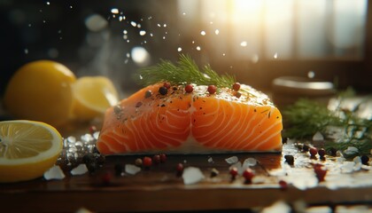 Fresh Raw Salmon Fillets Seasoned With Pepper, Salt, Dill, Lemon, And Rosemary Resting On A Wooden Table. Delicious Seafood Display.