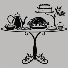 Thanksgiving table set with food silhouette vector design art and illustration