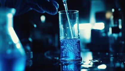 Scientists Conducting Analysis Using Blue Liquid In Test Tubes In Laboratory, Exploring Chemistry, Biology, And Pharmacy Development For Innovative Solutions.