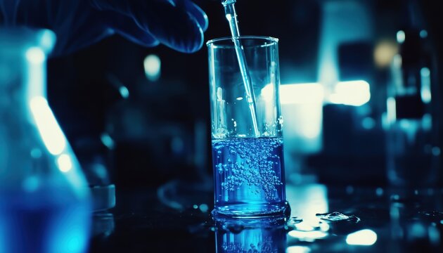 Scientists Conducting Analysis Using Blue Liquid In Test Tubes In Laboratory, Exploring Chemistry, Biology, And Pharmacy Development For Innovative Solutions.