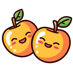 Happy fruits, two ripe apples or peaches apricots or plums with green leaf, hand drawn doodle cartoon character clip art, kawaii isolated cute simple vector illustration