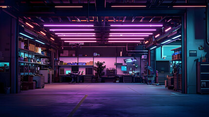 Naklejka premium Glowing Neon Garage Interior With Pixel Art Style
