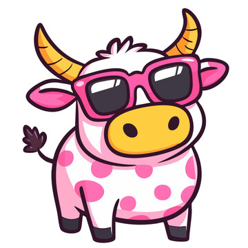 Cool hipster cow in pink sunglasses, hand drawn doodle cartoon character clip art, kawaii isolated cute simple vector illustration