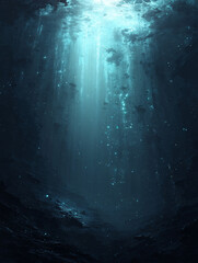 Obraz premium underwater seascape with sunlight beams, deep ocean view showing aquatic light rays and marine depth, calm dark water scene with peaceful glow and blue silence 