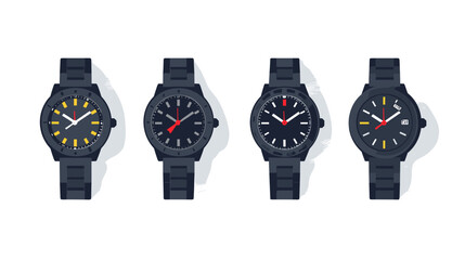 Four Black Wristwatches with Different Colored Dials on White Background