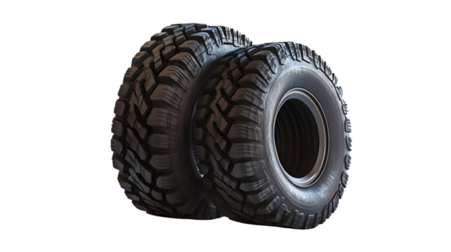 Four Brand New Tires Isolated on White Background - Transportation Vehicle Parts Concept