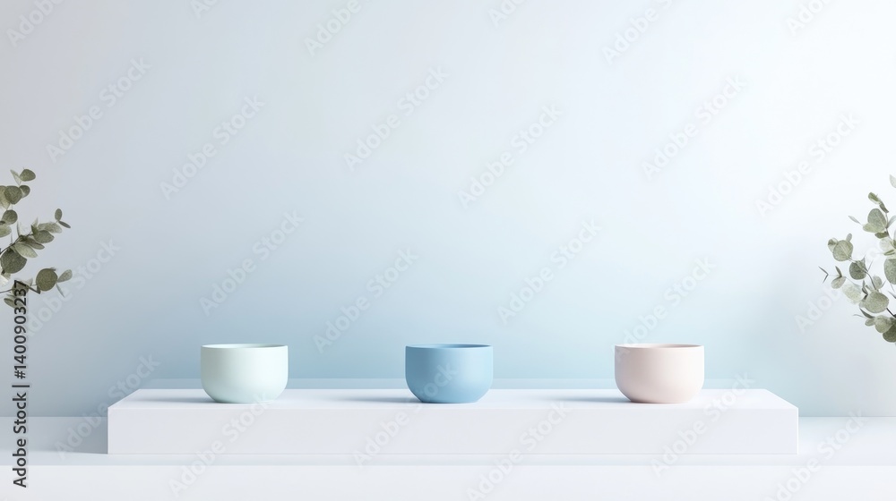 Aufkleber pastel bowls eucalyptus branches minimalist style high-resolution lighting centered display soft tex