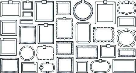 Vector hanging picture frames collection hand-drawn outline border set, decorative rectangular, oval, round and vintage frame templates