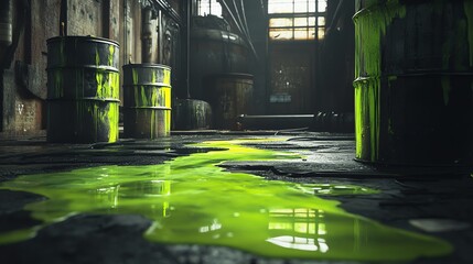 Leaking Green Liquid From Barrels in Dark Industrial Setting Scenario