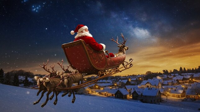 Santa Claus flying across starry night sky A traditional Santa Claus in his sleigh pulled by reindeer soaring over a snowy town on Christmas Eve - Powered by Adobe