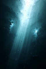 Obraz premium underwater seascape with sunlight beams, deep ocean view showing aquatic light rays and marine depth, calm dark water scene with peaceful glow and blue silence 