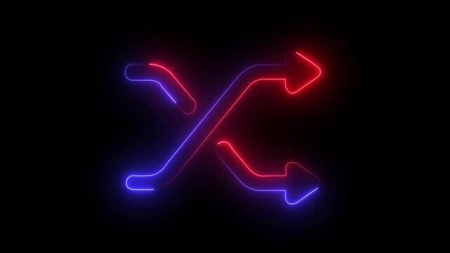 Neon glowing shuffle icon animation concept on the, black background.