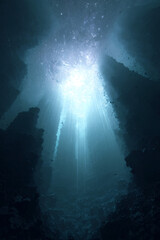 underwater seascape with sunlight beams, deep ocean view showing aquatic light rays and marine depth, calm dark water scene with peaceful glow and blue silence
