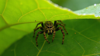 Spider hiding under leaf in lush green environment  