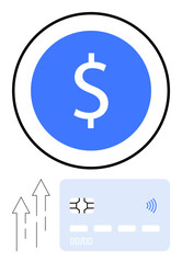 Dollar sign in blue circle, arrows pointing up, and a credit card suggest financial growth, electronic transactions, and contactless payment. Ideal for banking, e-commerce, fintech, savings