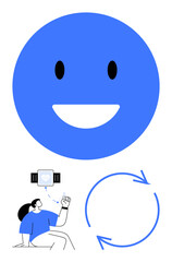 Smiling face, person with fitness tracker, circular arrows evoke happiness, self-care, and progress. Ideal for wellness, health monitoring, fitness goals, positivity motivation balance flat simple