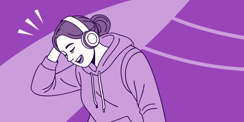 Naklejka premium Stylish fashion teenager model wearing hoodie and headphones listening dj music dancing in purple neon lights. Young teen girl enjoy cool music 90s party mix in violet studio background