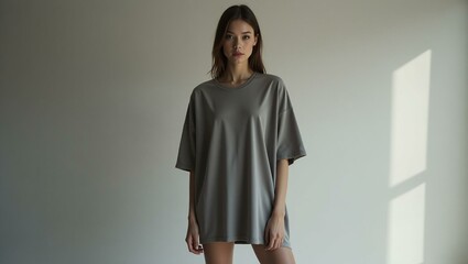 Minimalist Fashion: Woman in Oversized Taupe T-Shirt