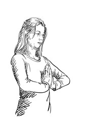 Woman in a prayer or meditation pose, hands pressed together. Hand drawn vector sketch with black strokes on a white background, expressing calmness, spirituality, and mindfulness