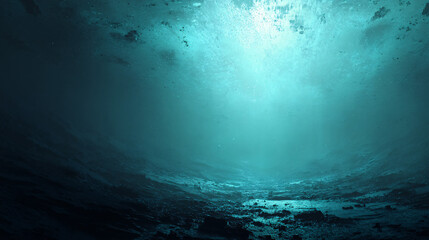 Obraz premium mysterious deep sea scene with marine creatures and faint natural light, underwater abyss with whale silhouette and floating particles in a dark ocean environment 