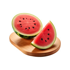 Sliced ripe watermelon with wooden chopping board on transparent background