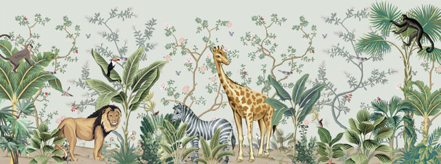 Safari wallpaper, Jungle Wall Mural, Kids Wall paper, Animals, Watercolor Background. © Sharif