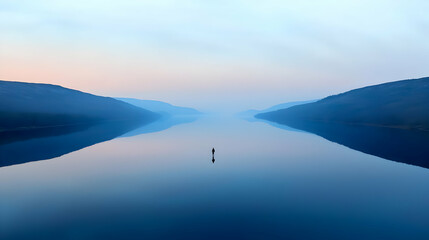 Obraz premium Tranquil Misty Lake Reflecting Sunrise Mountains