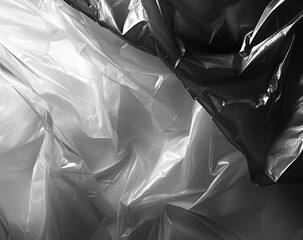 Black-and-white photography of plastic wrap, highly detailed, high-resolution, with dynamic lighting