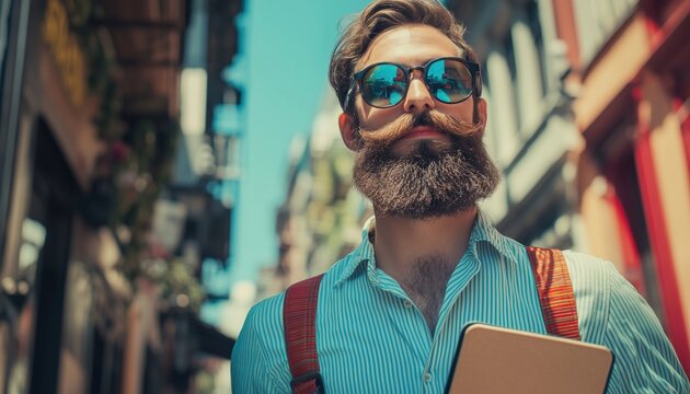 Stylish Urban Male With Large Mustache And Notebook In The City - A Handsome Hipster'S Blend Of Modern Elegance.