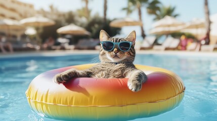 Tabby cat wearing sunglasses enjoys summer vacation in swimming pool relaxing on inflatable ring