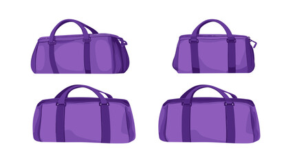 Four Views Of A Purple Duffel Bag On White Background