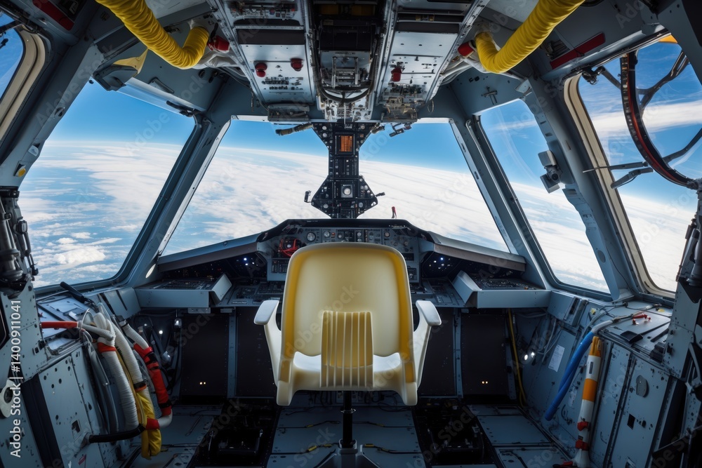 Poster cockpit view of a spacecraft showing advanced technology and a sleek pilot chair against a backdrop 